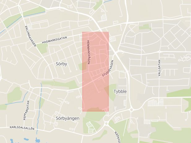 Karta som med röd fyrkant ramar in Tybble, Hemmansvägen, Örebro, Örebro län
