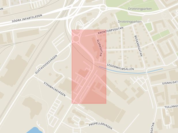 Karta som med röd fyrkant ramar in Klerkgatan, Södermalm, Örebro, Örebro län