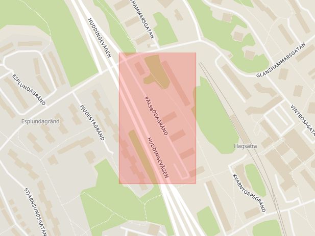 Karta som med röd fyrkant ramar in Södermalm, Repslagargatan, Ringvägen, Huddingevägen, Älvsjö, Pålsbodagränd, Hagsätra, Stockholm, Stockholms län