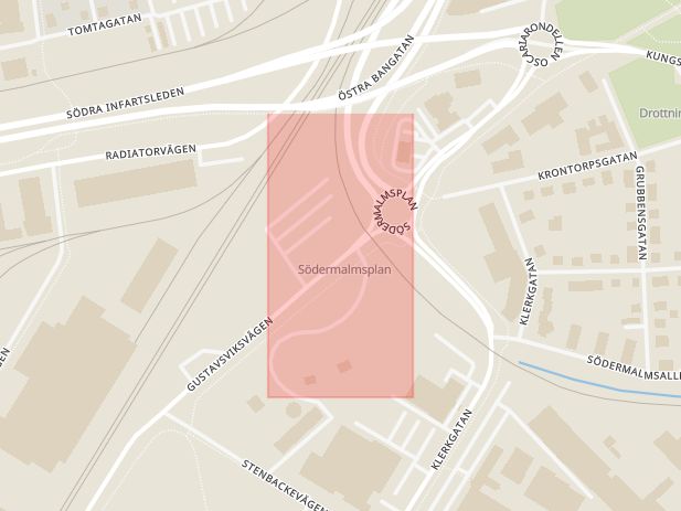 Karta som med röd fyrkant ramar in Södermalmsplan, Östra Bangatan, Örebro, Örebro län