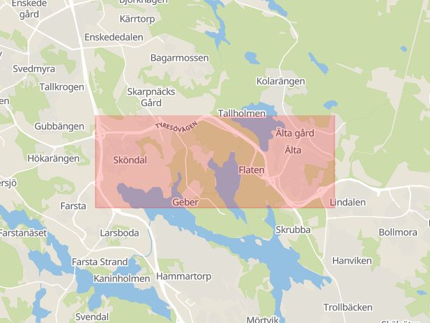 Karta som med röd fyrkant ramar in Tyresövägen, Stockholm, Stockholms län