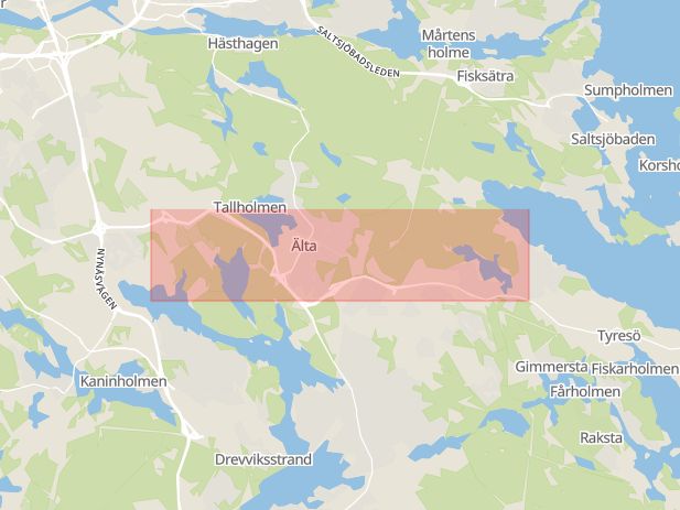 Karta som med röd fyrkant ramar in Tyresövägen, Älta, Stockholm, Stockholms län