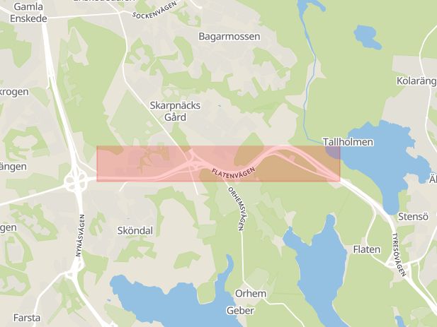 Karta som med röd fyrkant ramar in Tyresövägen, Skarpnäck, Sköndal, Stockholm, Stockholms län