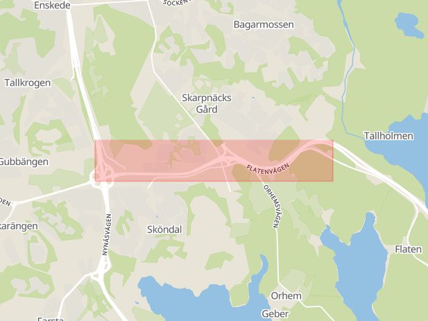 Karta som med röd fyrkant ramar in Tyresövägen, Sköndal, Gubbängen, Stockholm, Stockholms län