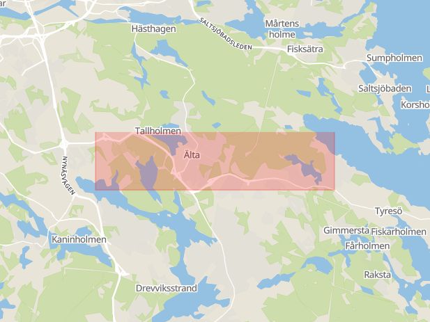 Karta som med röd fyrkant ramar in Tyresövägen, Älta, Stockholm, Stockholms län