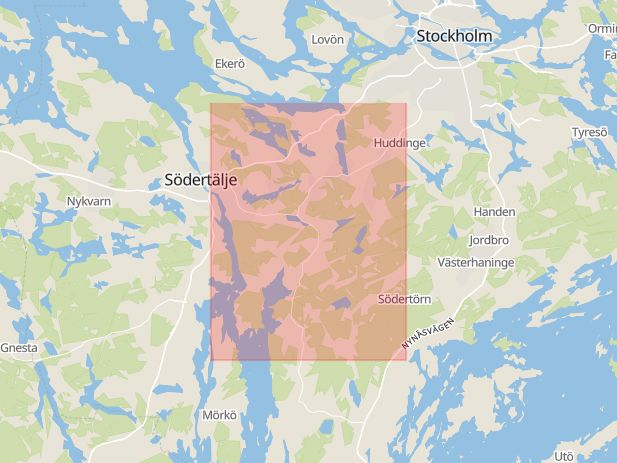 Karta som med röd fyrkant ramar in Tumba, Dalvägen, Bryggarvägen, Tullinge, Huddingevägen, Botkyrka, Stockholms län