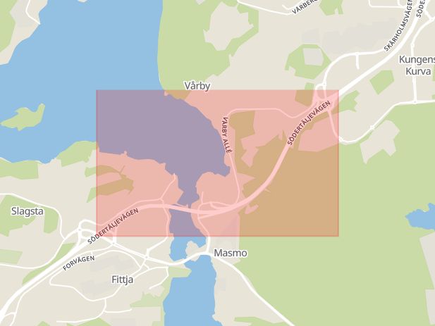 Karta som med röd fyrkant ramar in Södertäljevägen, Vårby, Filen, Huddinge, Stockholms län
