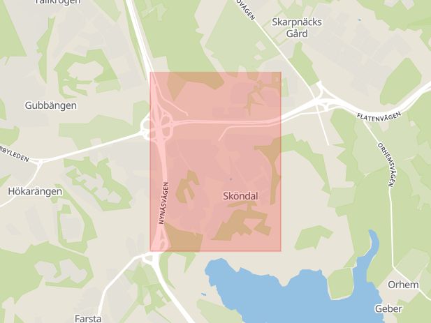 Karta som med röd fyrkant ramar in Sköndal, Sköndalsvägen, Stockholm, Stockholms län