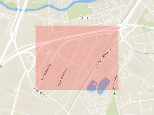 Karta som med röd fyrkant ramar in Radiatorvägen, Aspholmen, Örebro, Örebro län