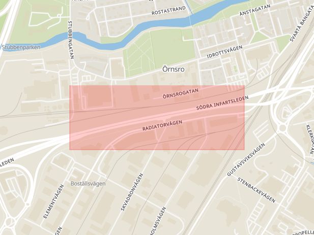 Karta som med röd fyrkant ramar in Södra Infartsleden, Aspholmen, Örebro, Örebro län