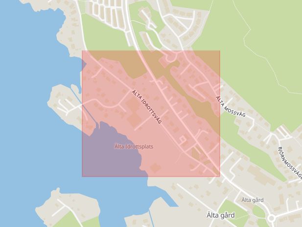 Karta som med röd fyrkant ramar in Älta Idrottsväg, Nacka, Stockholms län