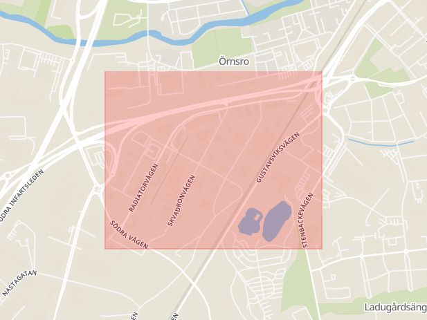 Karta som med röd fyrkant ramar in Radiatorvägen, Örebro, Örebro län
