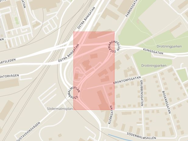 Karta som med röd fyrkant ramar in Södermalmsplan, Örebro, Örebro län