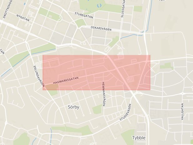 Karta som med röd fyrkant ramar in Hagmarksgatan, Näsby, Örebro, Örebro län