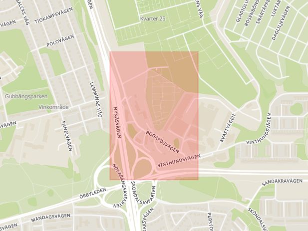 Karta som med röd fyrkant ramar in Gubbängen, Bogårdsvägen, Stockholm, Stockholms län