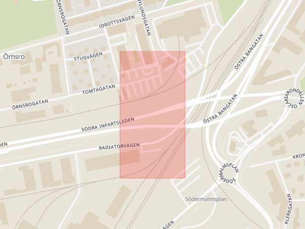 Karta som med röd fyrkant ramar in Södra Infartsleden, Östra Bangatan, Örebro, Örebro län