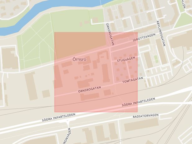 Karta som med röd fyrkant ramar in Örnsro, Örnsrogatan, Örebro, Örebro län
