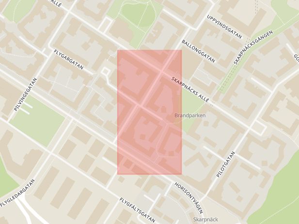 Karta som med röd fyrkant ramar in Skarpnäck, Fallskärmsgatan, Stockholm, Stockholms län