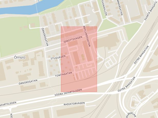 Karta som med röd fyrkant ramar in Tomtgatan, Örebro, Örebro län