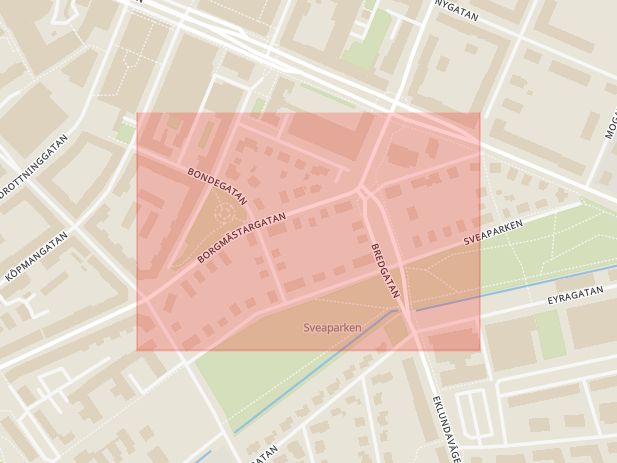 Karta som med röd fyrkant ramar in Borgmästargatan, Södermalm, Örebro, Örebro län