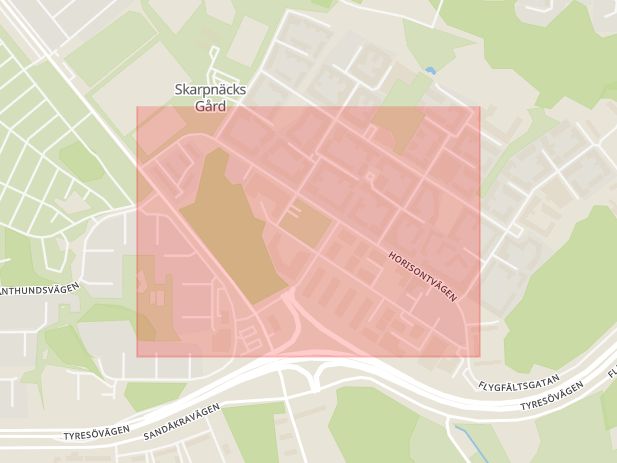 Karta som med röd fyrkant ramar in Horisontvägen, Stockholm, Stockholms län