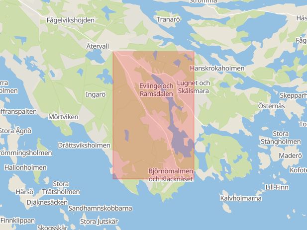 Karta som med röd fyrkant ramar in Björkviksvägen, Södra Evlinge, Värmdö, Stockholms län