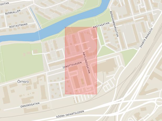 Karta som med röd fyrkant ramar in Åbylundsgatan, Örebro, Örebro län