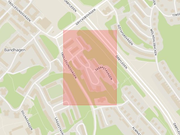 Karta som med röd fyrkant ramar in Bandhagen, Skeppstavägen, Stockholm, Stockholms län
