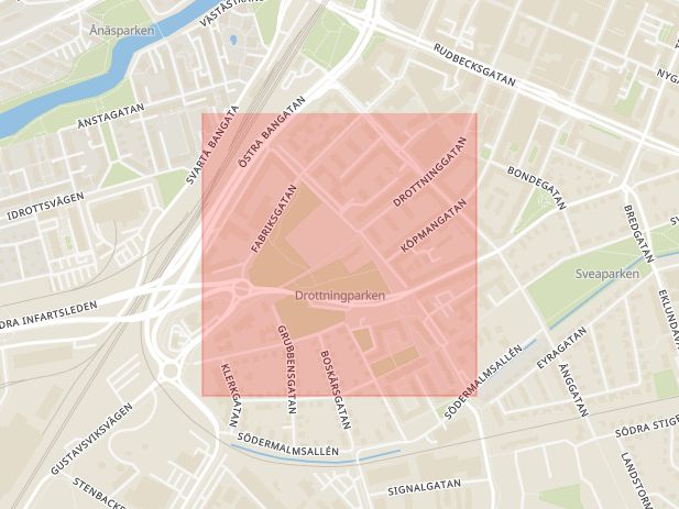 Karta som med röd fyrkant ramar in Södra Allén, Södermalm, Örebro, Örebro län