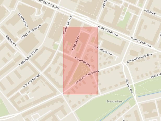 Karta som med röd fyrkant ramar in Kungsgatan, Bondegatan, Örebro, Örebro län