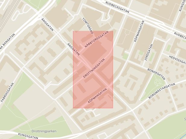 Karta som med röd fyrkant ramar in Änggatan, Drottninggatan, Örebro, Örebro län