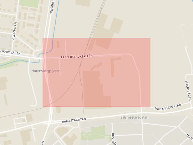 Karta som med röd fyrkant ramar in Pappersbruksallén, Örebro, Örebro län