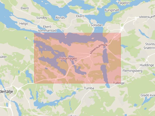 Karta som med röd fyrkant ramar in Södertäljevägen, Fittja, Hallunda, Botkyrka, Stockholms län