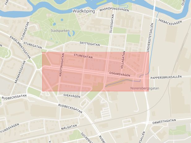 Karta som med röd fyrkant ramar in Oskarsvägen, Universitetsvägen, Örebro, Örebro län