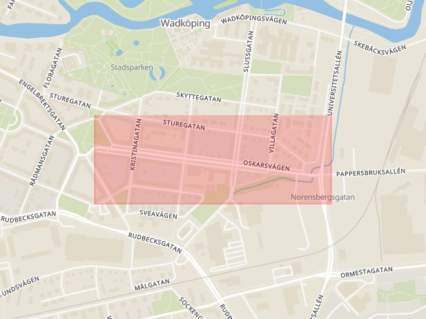 Karta som med röd fyrkant ramar in Oskarsvägen, Näsby, Örebro, Örebro län