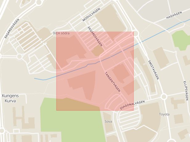 Karta som med röd fyrkant ramar in Tangentvägen, Kungens Kurva, Huddinge, Stockholms län