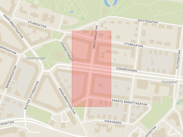 Karta som med röd fyrkant ramar in Oskarsvägen, Kristinagatan, Örebro, Örebro län