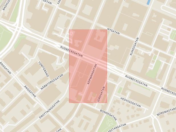Karta som med röd fyrkant ramar in Drottninggatan, Krämaren, Örebro, Örebro län