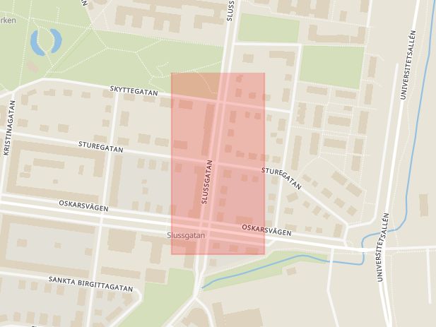 Karta som med röd fyrkant ramar in Slussgatan, Sturegatan, Örebro, Örebro län