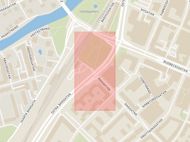 Karta som med röd fyrkant ramar in Änggatan, Östra Bangatan, Örebro, Örebro län