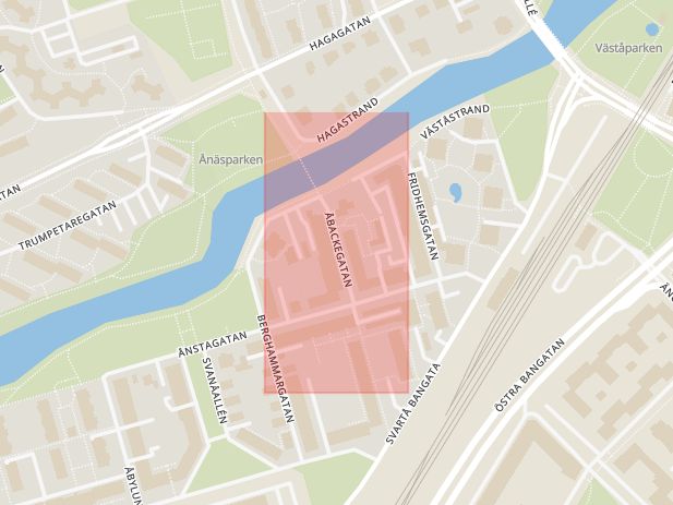 Karta som med röd fyrkant ramar in Åbackegatan, Örebro, Örebro län