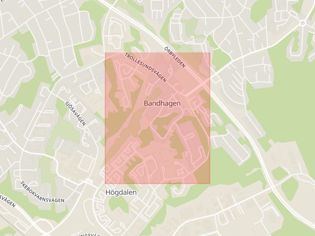 Karta som med röd fyrkant ramar in Bandhagen, Trollesundsvägen, Stockholm, Stockholms län