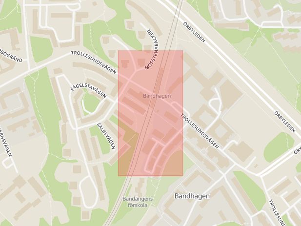 Karta som med röd fyrkant ramar in Bandhagen, Bandhagsplan, Högdalen, Stockholm, Stockholms län