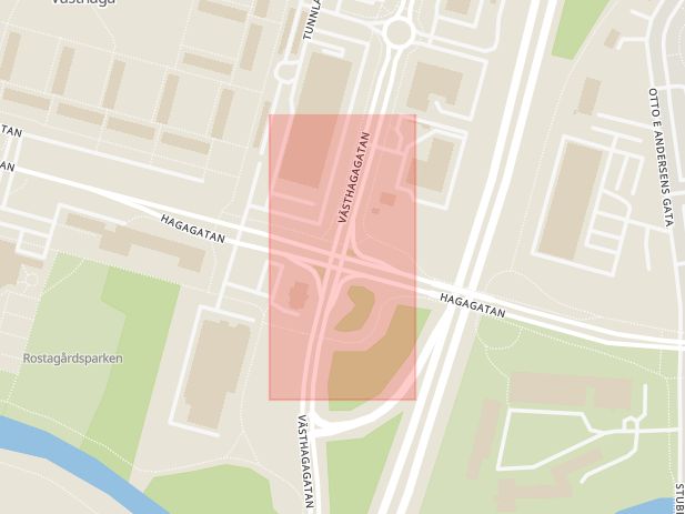 Karta som med röd fyrkant ramar in Västhaga, Hagagatan, Örebro, Örebro län