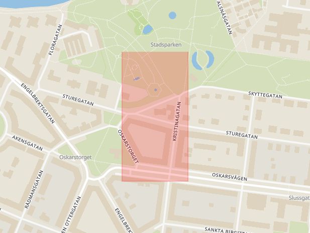 Karta som med röd fyrkant ramar in Sturegatan, Stadsparken, Örebro, Örebro län