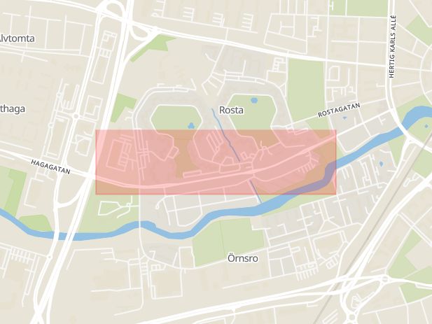 Karta som med röd fyrkant ramar in Hagagatan, Rosta, Örebro, Örebro län