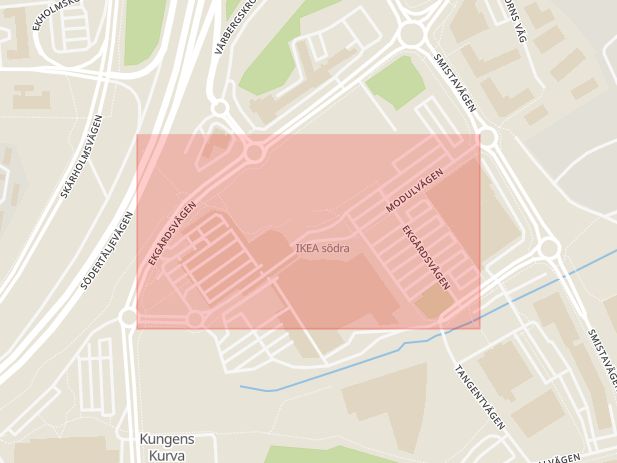 Karta som med röd fyrkant ramar in Segeltorp, Modulvägen, Huddinge, Stockholms län