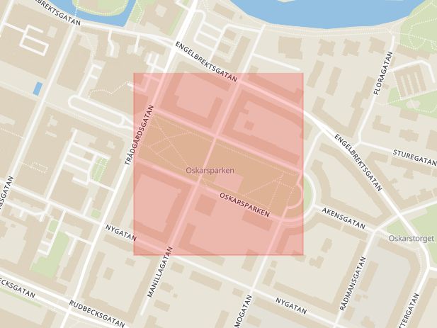 Karta som med röd fyrkant ramar in Oskarsparken, Engelbrektsgatan, Örebro, Örebro län