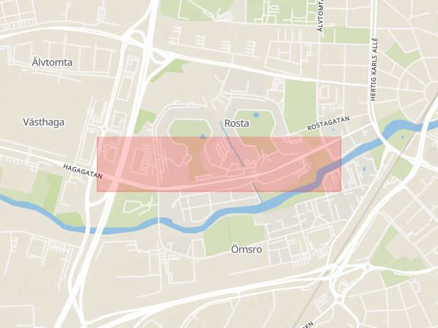 Karta som med röd fyrkant ramar in Rosta, Hagagatan, Örebro, Örebro län