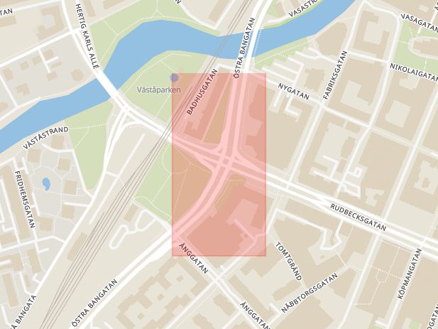 Karta som med röd fyrkant ramar in Hertig Karls Allé, Östra Bangatan, Örebro, Örebro län